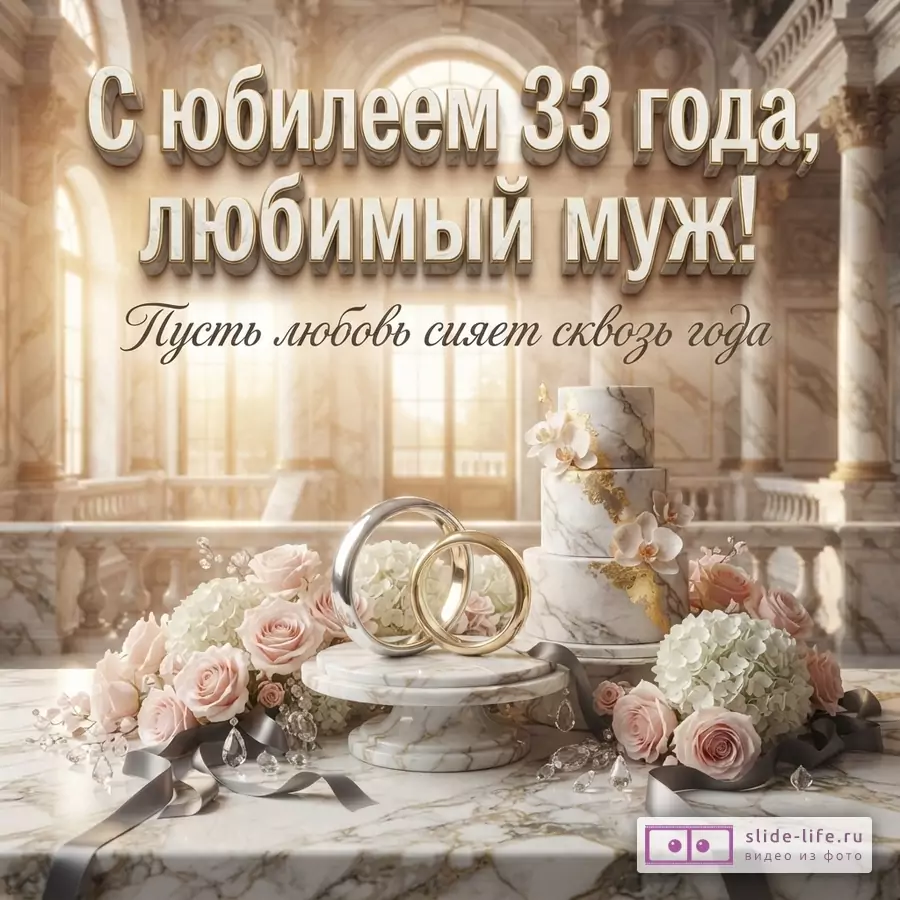 Открытка с мраморным фоном, золотыми и белыми колоннами. В центре композиции два обручальных кольца, одно золотое, другое серебряное, на мраморной подставке. Рядом трехъярусный торт с мраморным узором и золотыми вставками, украшенный орхидеями. Вокруг торта и колец букеты из розовых роз и белых гортензий, серые ленты и прозрачные кристаллы. Текст: «С юбилеем 33 года, любимый муж! Пусть любовь сияет сквозь года»