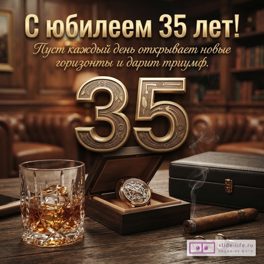 Объемная цифра 35, бокал виски, наручные часы в футляре, сигара и запонки на столе с текстом «С юбилеем 35 лет! Пуст каждый день открывает новые горизонты и дарит триумф.»