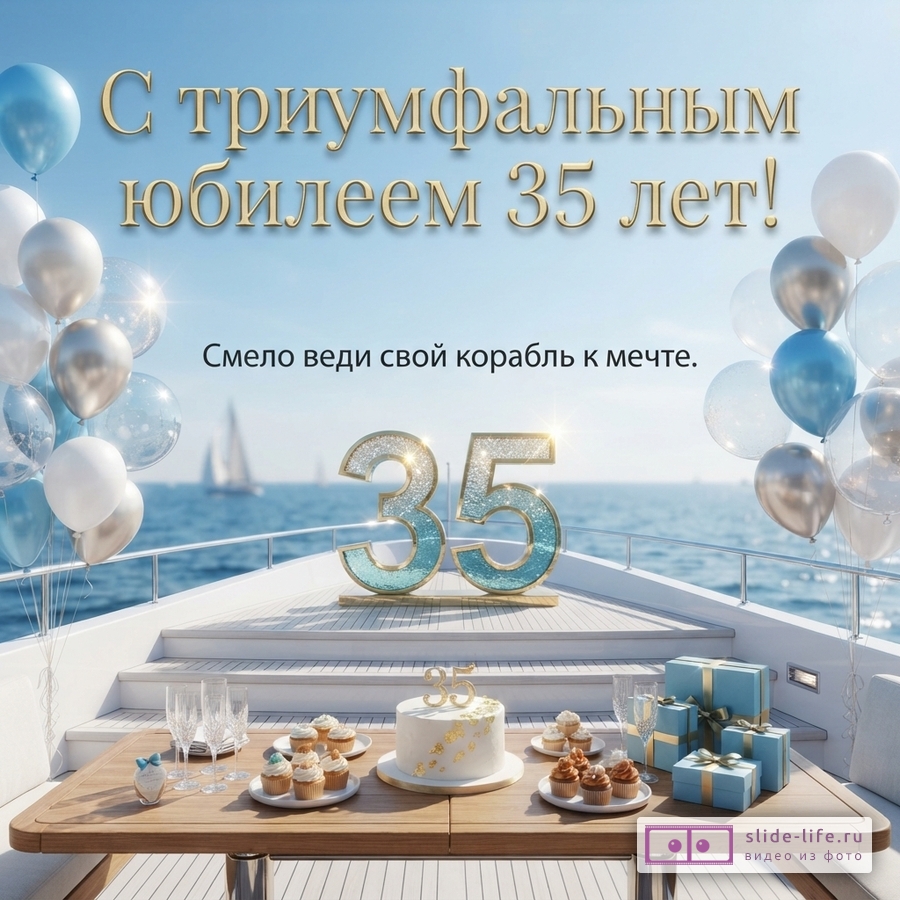 Палуба яхты в море с праздничным столом, воздушными шарами и надписью «С триумфальным юбилеем 35 лет! Смело веди свой корабль к мечте.»
