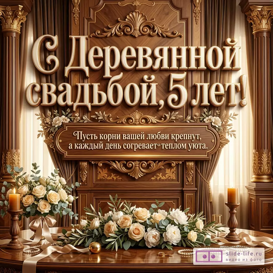 Открытка в коричневых, бежевых и золотистых тонах с резным деревянным фоном, шторами, цветами, свечами, лентами и текстом «С Деревянной свадьбой, 5 лет! Пусть корни вашей любви крепнут, а каждый день согревает теплом уюта.»