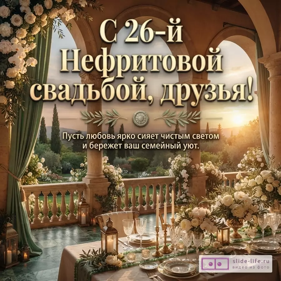 Теплая террасa с арками, колоннами, цветами, накрытым столом и закатным пейзажем; текст «С 26-й Нефритовой свадьбой, друзья! Пусть любовь ярко сияет чистым светом и бережет ваш семейный уют.»