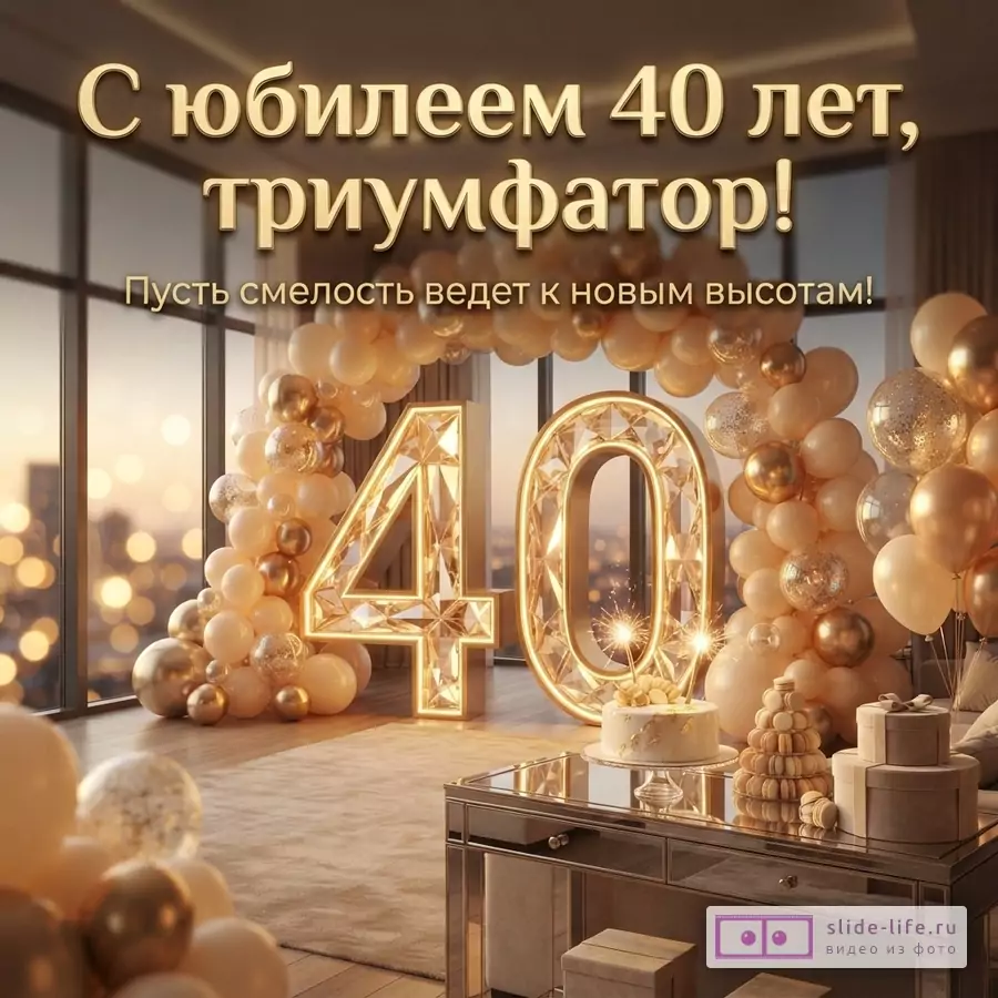 Фон с панорамными окнами и видом на город. В центре композиции светящиеся цифры «40», окруженные аркой из бежевых и золотых шаров. На переднем плане стол с тортом и подарками. Текст: «С юбилеем 40 лет, триумфатор! Пусть смелость ведет к новым высотам!»