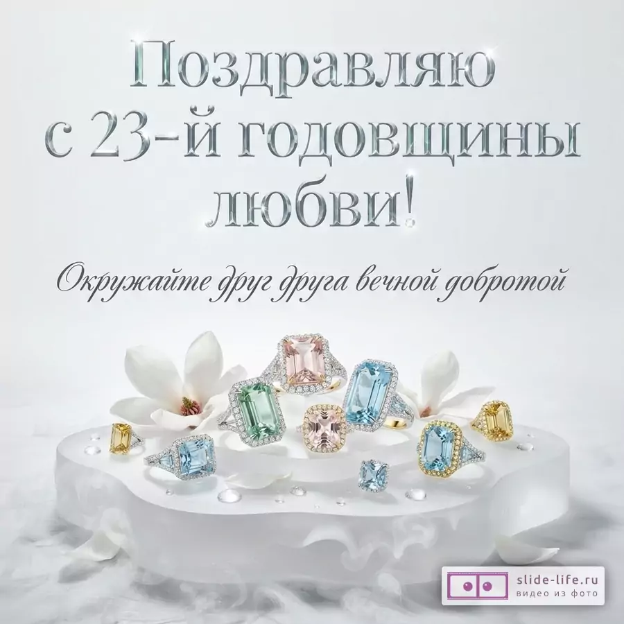 Ювелирные кольца с крупными бериллами среди белых цветов магнолии на светлом фоне с текстом «С праздником 23-й годовщины! Окружайте друг друга вечной добротой.»