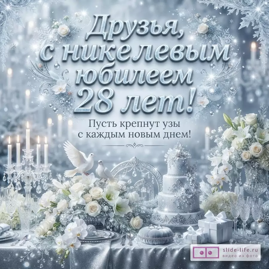 Открытка с никелевой свадьбой на светло-голубом фоне с белыми цветами, свечами и свадебным тортом. Текст: «Друзья, с никелевым юбилеем 28 лет! Пусть крепнут узы с каждым новым днем!»
