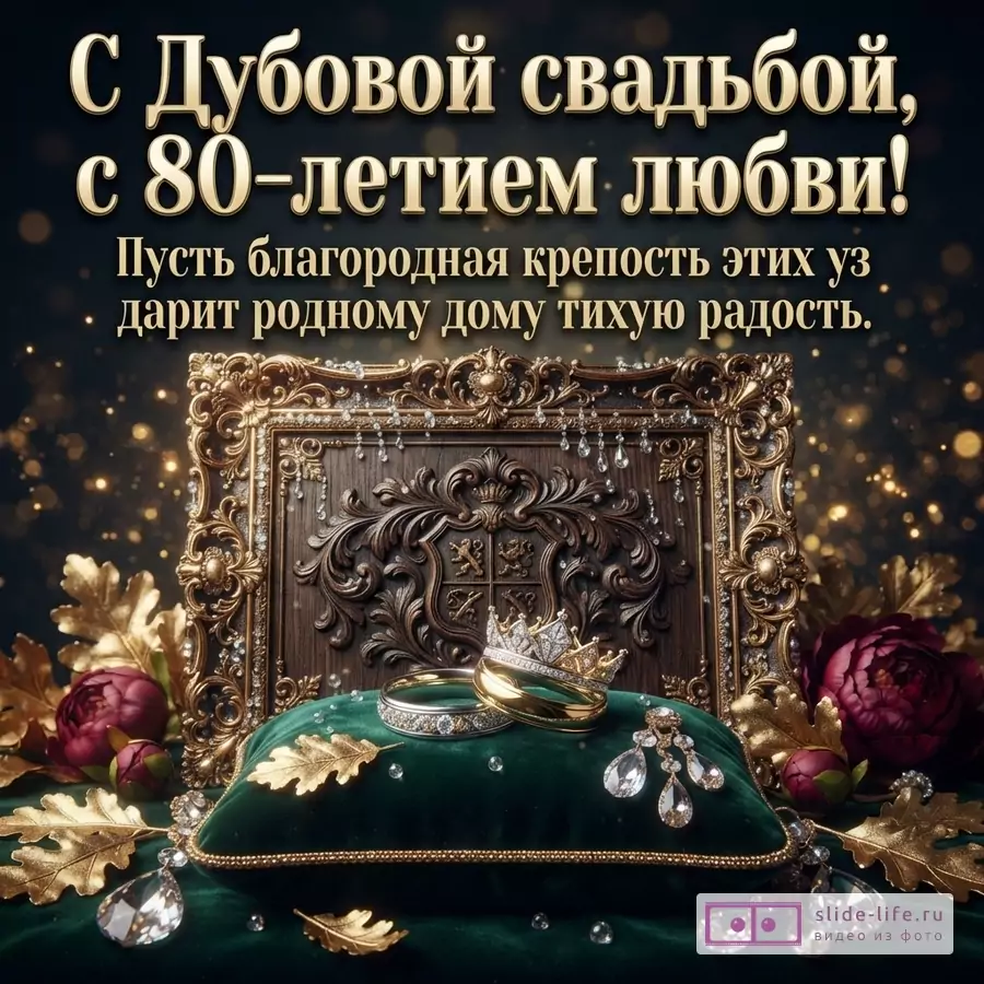 Тёмная открытка с золотым текстом «С Дубовой свадьбой, с 80-летием любви! Пусть благородная крепость этих уз дарит родному дому тихую радость.» На фоне кольца, дубовые листья, цветы и резная рамка.
