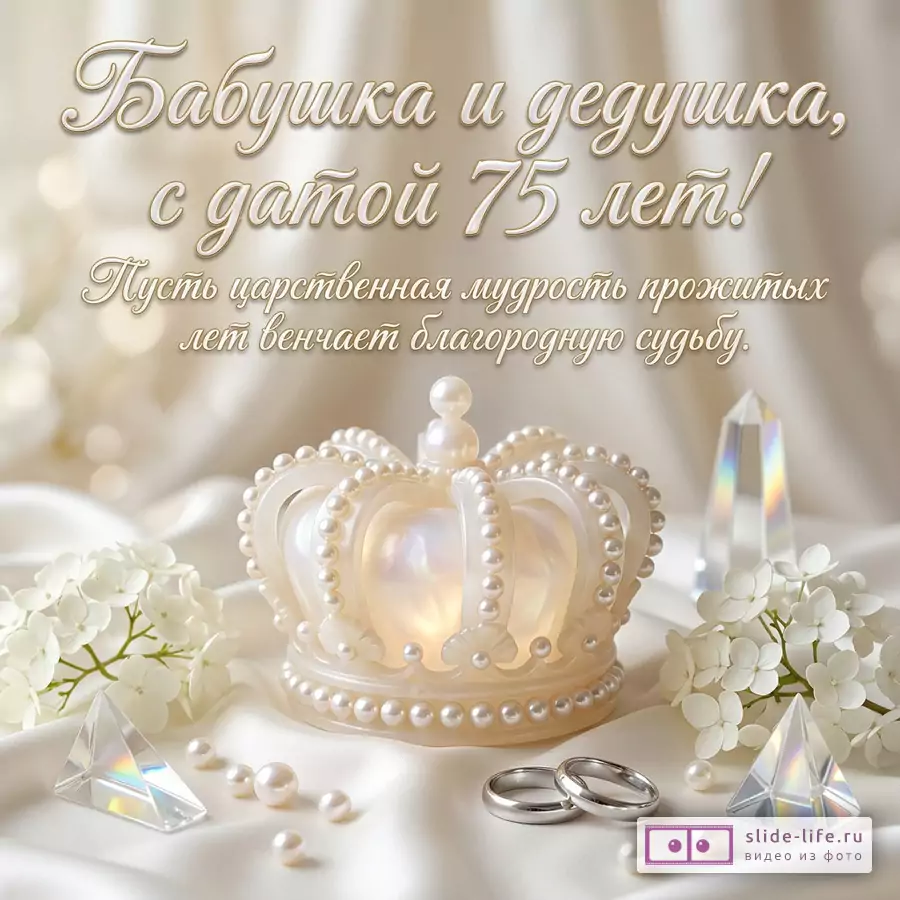 Жемчужная корона, обручальные кольца, кристаллы и белые цветы на атласе с текстом: «Бабушка и дедушка, с датой 75 лет! Пусть царственная мудрость прожитых лет венчает благородную судьбу.»