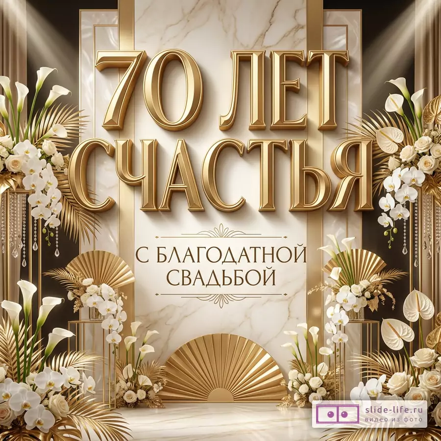 Золотисто-белая открытка с мраморным фоном, объемной надписью «70 ЛЕТ СЧАСТЬЯ С БЛАГОДАТНОЙ СВАДЬБОЙ», белыми каллами, орхидеями, розами, веерами и декоративными стойками