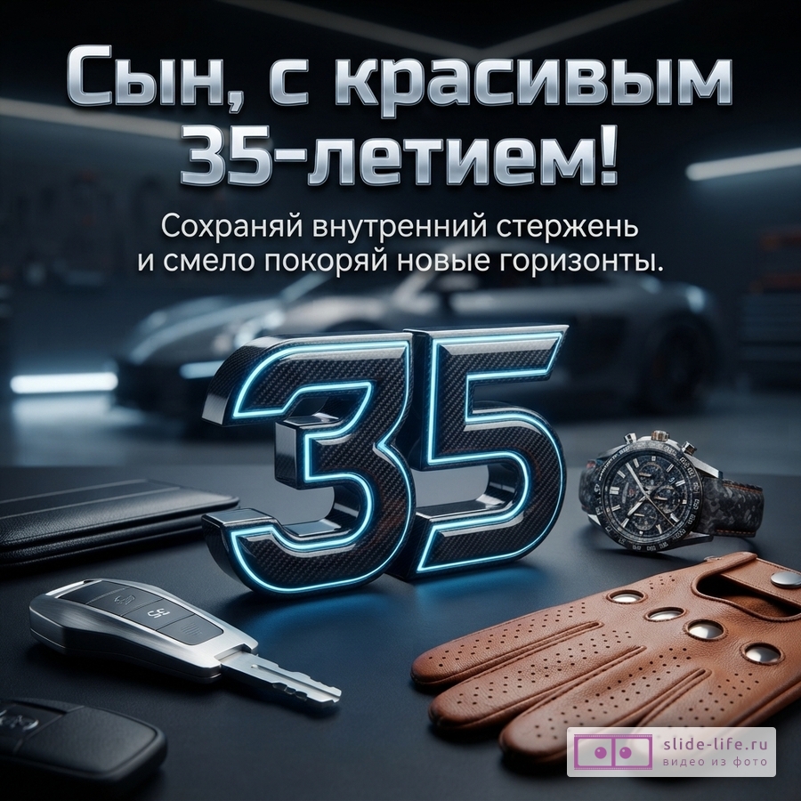 Объемная карбоновая цифра 35 с подсветкой, ключ от машины, наручные часы и перчатки на темном столе с текстом «Сын, с красивым 35-летием! Сохраняй внутренний стержень и смело покоряй новые горизонты.»