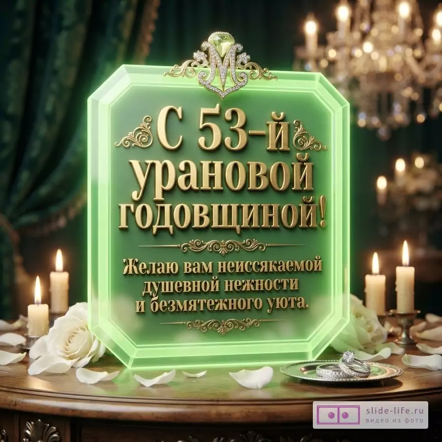 Зеленая неоновая табличка с золотым текстом на фоне темного интерьера со свечами и белыми розами. Текст: «С 53-й урановой годовщиной! Желаю вам неиссякаемой душевной нежности и безмятежного уюта.»