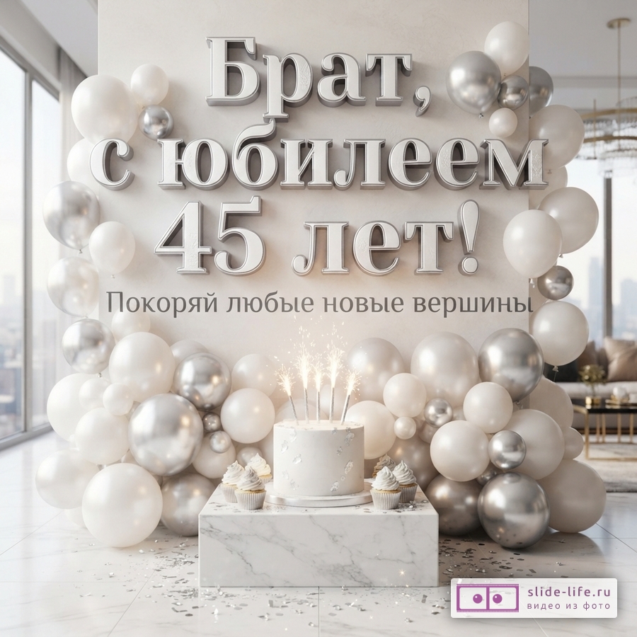 Бежевый фон, белые и серебряные шары, торт, кексы, текст «Брат, с юбилеем 45 лет! Покоряй любые новые вершины»