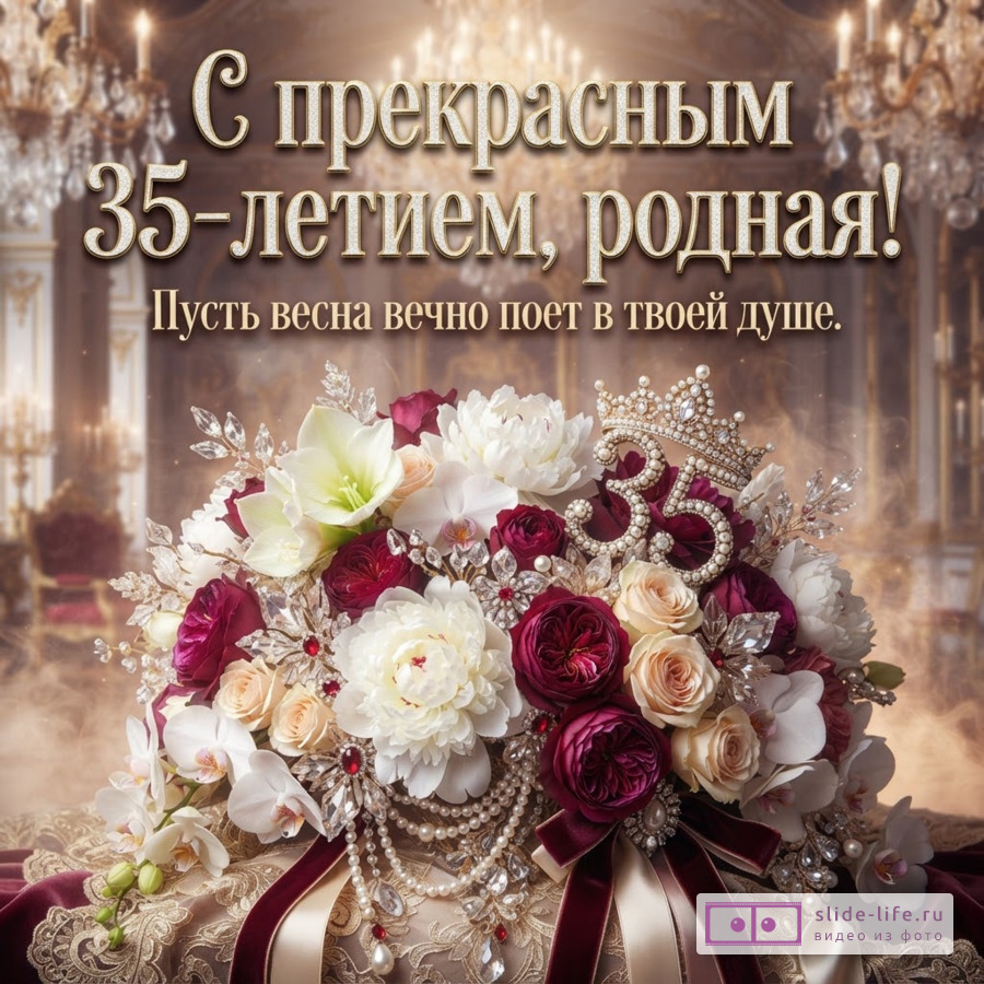 Открытка с юбилеем 35 лет. Фон дворцовый интерьер, люстры. Внизу букет из белых, бордовых, кремовых цветов, орхидей, жемчуга, страз. В букете цифры «35» с короной. Текст: «С прекрасным 35-летием, родная! Пусть весна вечно поет в твоей душе.»