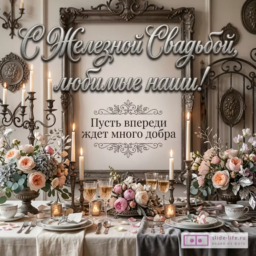 Праздничный стол с цветочными композициями, свечами, бокалами и сервировкой на бежево-сером фоне, декоративная рама и текст «С Железной Свадьбой, любимые наши! Пусть впереди ждет много добра»