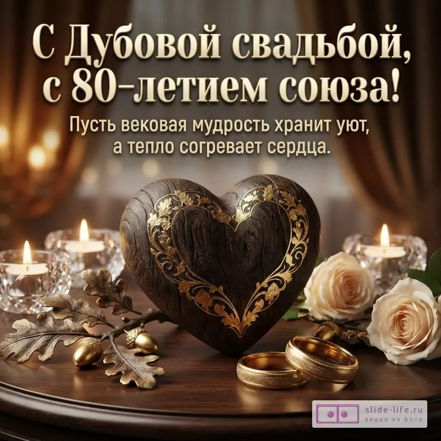 Деревянное сердце с золотым узором, обручальные кольца, свечи и розы на столе с надписью «С Дубовой свадьбой, с 80-летием союза! Пусть вековая мудрость хранит уют, а тепло согревает сердца».