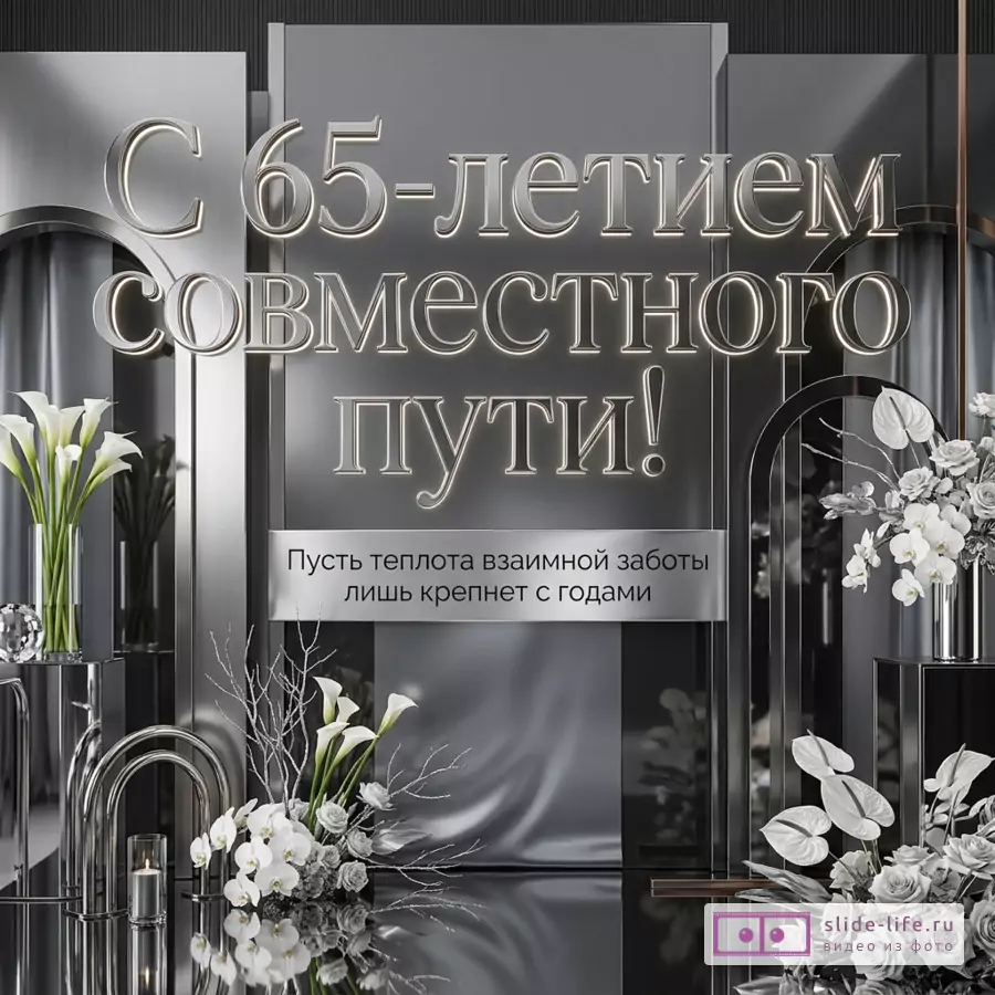 Серебристо-серый фон с зеркальными панелями, белыми цветами и декоративными арками, текст «С 65-летием совместного пути! Пусть теплота взаимной заботы лишь крепнет с годами»