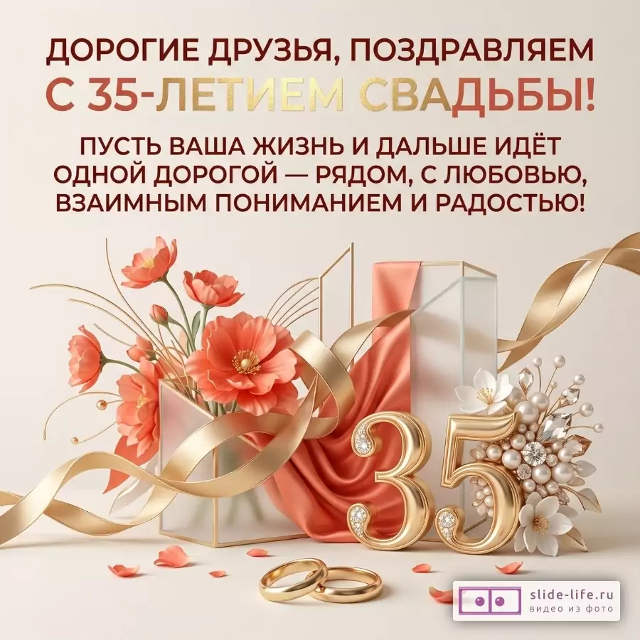 Бежевый фон, золотые ленты, коралловые цветы, кольца и цифра 35. Текст: «ДОРОГИЕ ДРУЗЬЯ, ПОЗДРАВЛЯЕМ С 35-ЛЕТИЕМ СВАДЬБЫ! ПУСТЬ ВАША ЖИЗНЬ И ДАЛЬШЕ ИДЁТ...»
