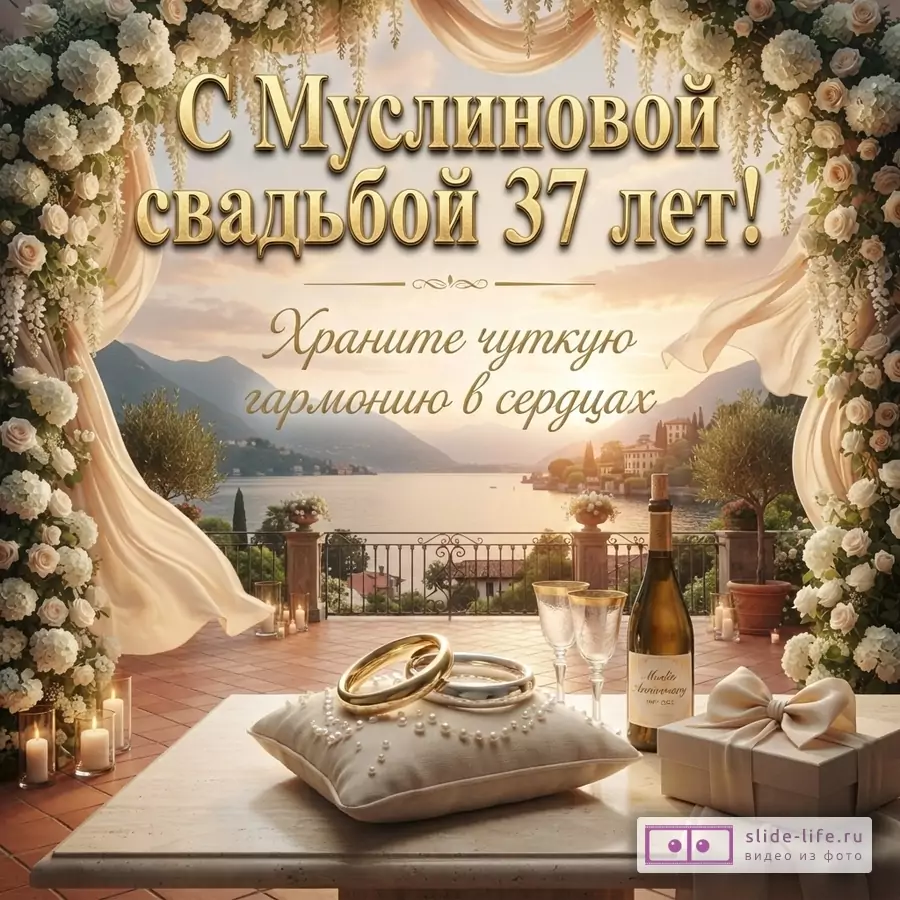 Фон с видом на озеро и горы, по бокам белые розы и бежевые шторы. На переднем плане стол, на нем подушечка с кольцами, бутылка вина, два бокала, подарочная коробка. Текст: «С Муслиновой свадьбой 37 лет!», «Храните чуткую гармонию в сердцах».