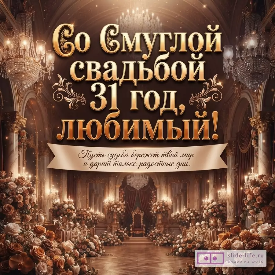 Золотистый текст «Со Смуглой свадьбой 31 год, любимый! Пусть судьба бережет твой мир и дарит только радостные дни.» на темно-коричневом фоне с люстрами и цветочными композициями