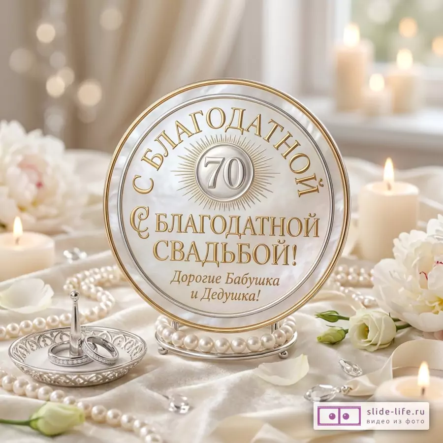 Круглая бело-золотая декоративная тарелка с текстом «С БЛАГОДАТНОЙ 70 БЛАГОДАТНОЙ СВАДЬБОЙ! Дорогие Бабушка и Дедушка!», свечи, жемчуг, кольца, белые цветы, светлый фон