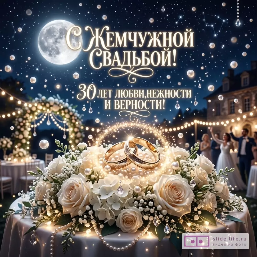 Темно-синий ночной фон с луной, жемчужинами, золотыми кольцами и белыми розами; текст «С ЖЕМЧУЖНОЙ СВАДЬБОЙ! 30 лет любви, нежности и верности!»