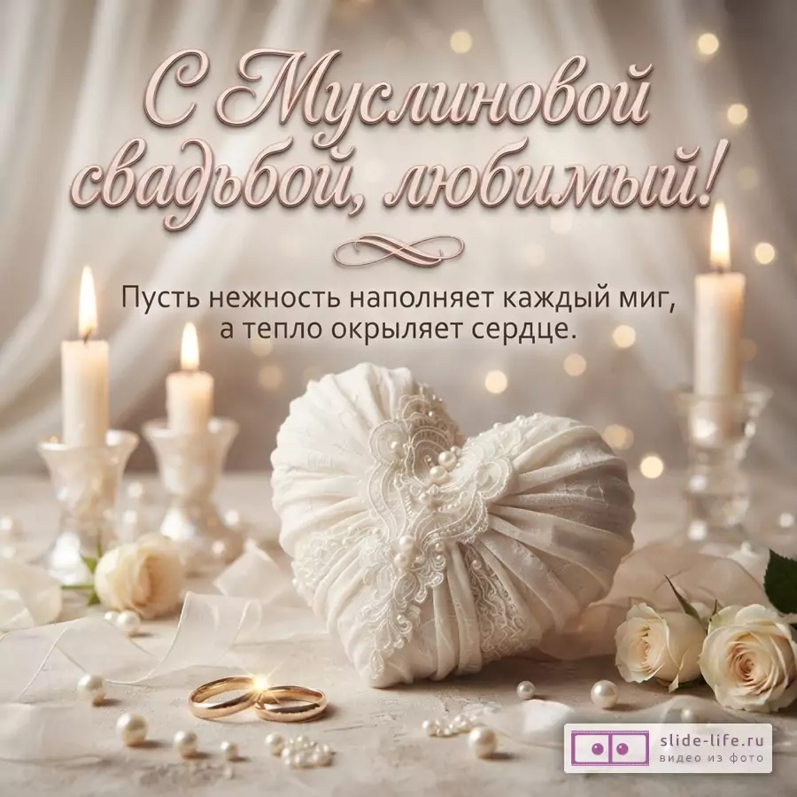 Бежевый фон, свечи, белое кружевное сердце, жемчуг, розы, обручальные кольца. Надпись: «С Муслиновой свадьбой, любимый! Пусть нежность наполняет каждый миг, а тепло окрыляет сердце.»