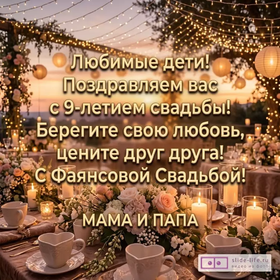 Поздравление детям с Фаянсовой Свадьбой — душевная открытка от родителей на 9 лет совместной жизни