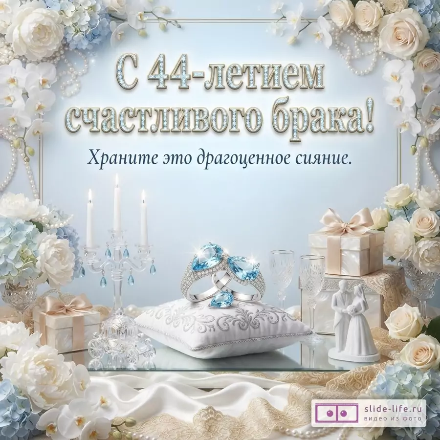Открытка с голубым фоном, белыми и голубыми цветами, жемчугом. В центре текст «С 44-летием счастливого брака! Храните это драгоценное сияние.». Внизу обручальные кольца с голубыми камнями, подсвечник со свечами, подарки, статуэтка жениха и невесты.