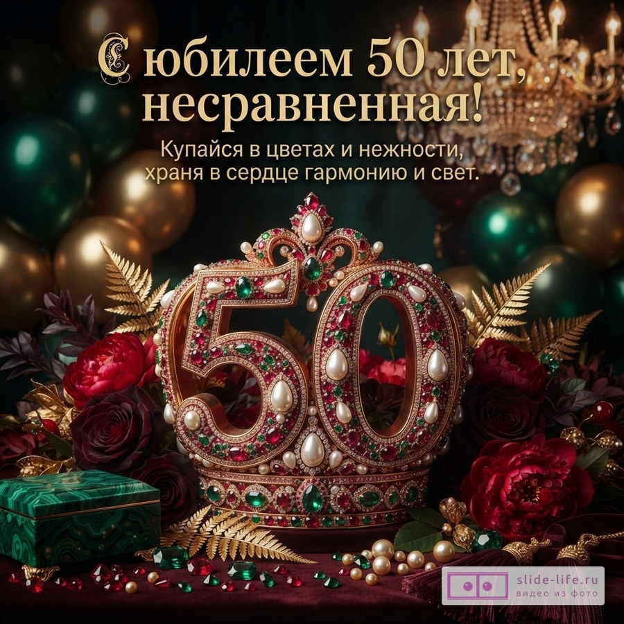 Открытка с юбилеем 50 лет женщине. Фон темно-зеленый с золотыми и зелеными шарами, люстра. В центре корона с цифрой «50», украшенная жемчугом, рубинами и изумрудами. Рядом красные розы, золотые листья, малахитовая шкатулка. Текст: «С юбилеем 50 лет, несравненная! Купайся в цветах и нежности, храня в сердце гармонию и свет.»