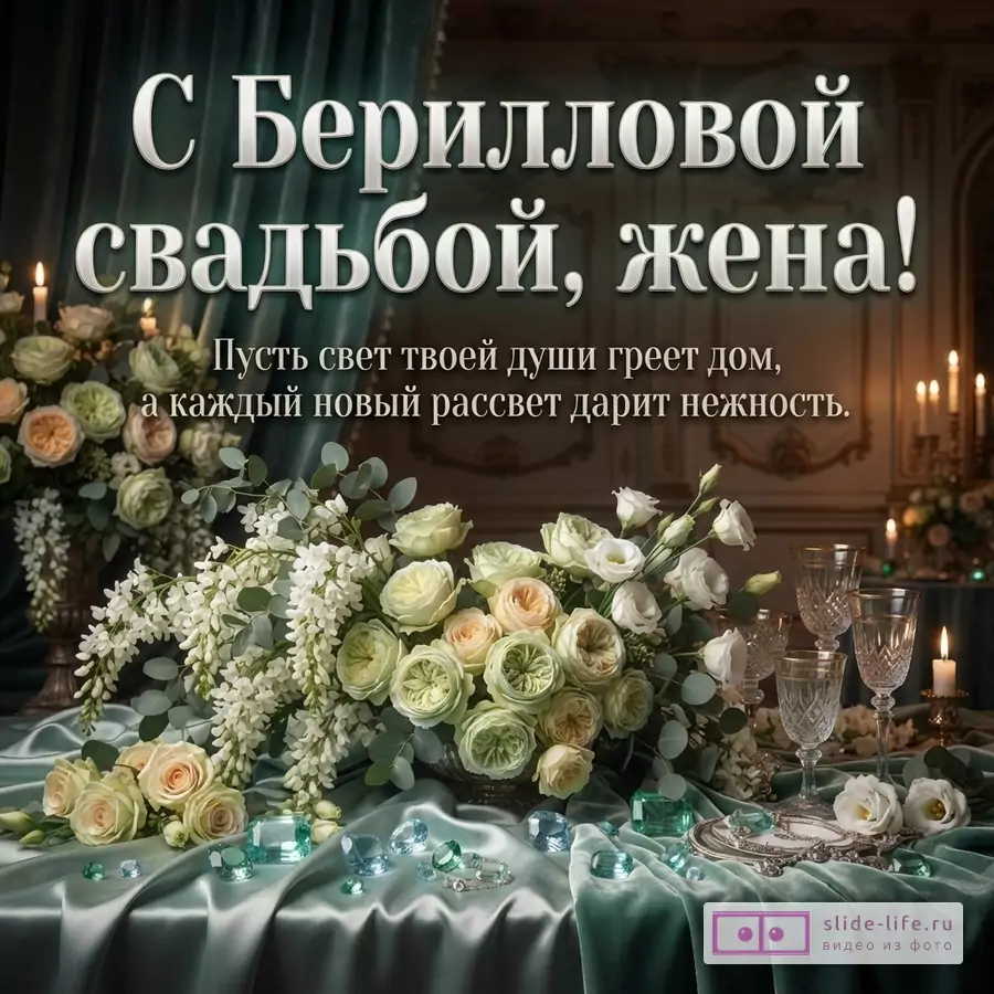 Букет светлых роз и эустом на столе с бериллами и бокалами, надпись: «С Берилловой свадьбой, жена! Пусть свет твоей души греет дом, а каждый новый рассвет дарит нежность.»