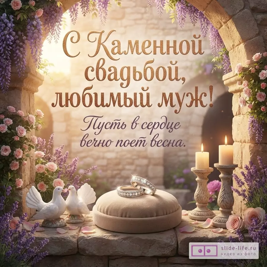 Арка из камня и цветов, на переднем плане два белых голубя, подушечка с двумя кольцами, две горящие свечи. Фон светлый. Текст: «С Каменной свадьбой, любимый муж! Пусть в сердце вечно поет весна.»