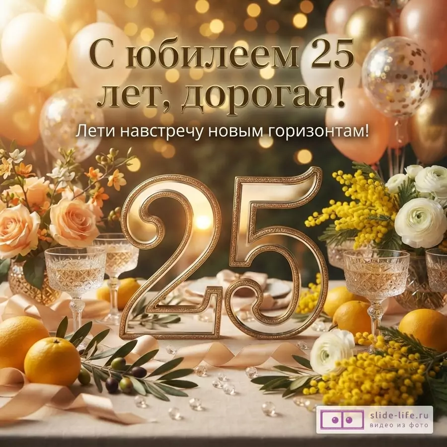 Праздничный стол с золотой цифрой 25, бокалами, розами, мимозой, цитрусами и шарами, надпись: «С юбилеем 25 лет, дорогая! Лети навстречу новым горизонтам!».