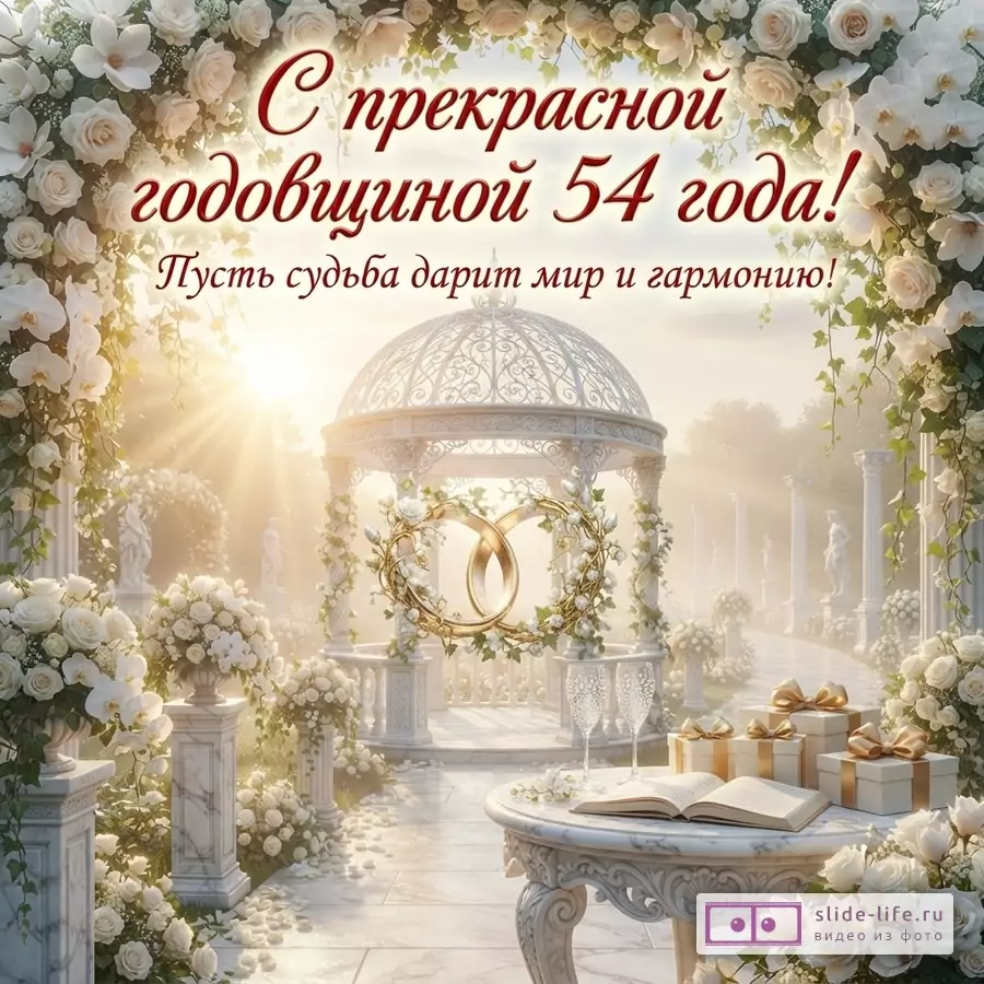 Открытка с белыми розами и орхидеями, на фоне беседки и солнечного света. В центре золотые обручальные кольца в венке. Текст: «С прекрасной годовщиной 54 года! Пусть судьба дарит мир и гармонию!»