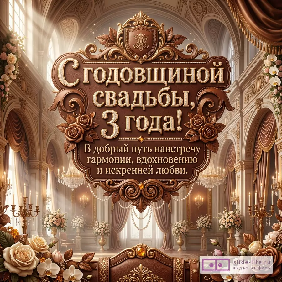 Коричнево-золотая открытка с кожаным орнаментом, цветами, свечами и залом; текст: «С годовщиной свадьбы, 3 года! В добрый путь навстречу гармонии, вдохновению и искренней любви.»