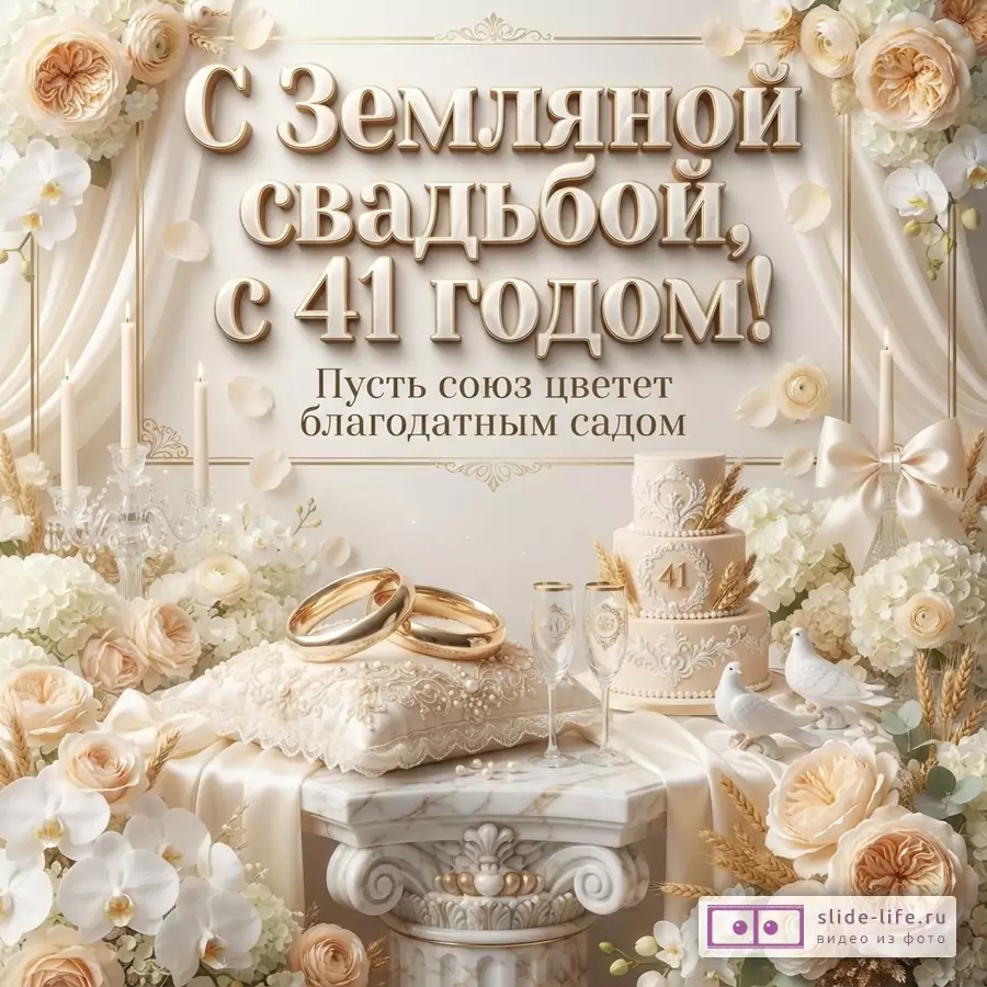 Открытка с бежевым фоном, золотыми буквами и цветами. Текст: «С Земляной свадьбой, с 41 годом! Пусть союз цветет благодатным садом.»