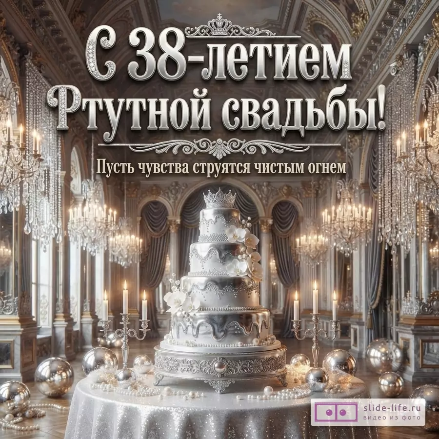 Открытка с надписью «С 38-летием Ртутной свадьбы! Пусть чувства струятся чистым огнем». На переднем плане серебряный многоярусный торт с короной и цветами, свечи, жемчуг, блестящие шары. Фон — роскошный интерьер дворца с люстрами.