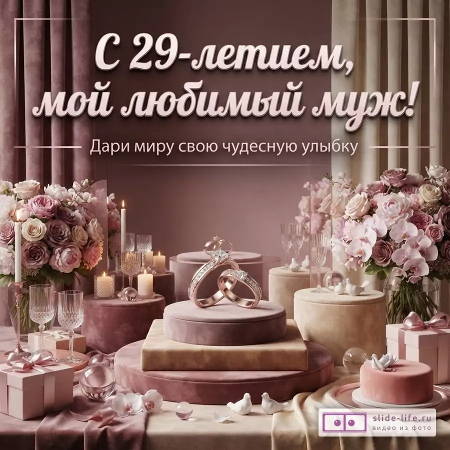 Розово-бежевый фон, цветы, свечи, подарочные коробки, кольца на подиуме, текст «С 29-летием, мой любимый муж! Дари миру свою чудесную улыбку»
