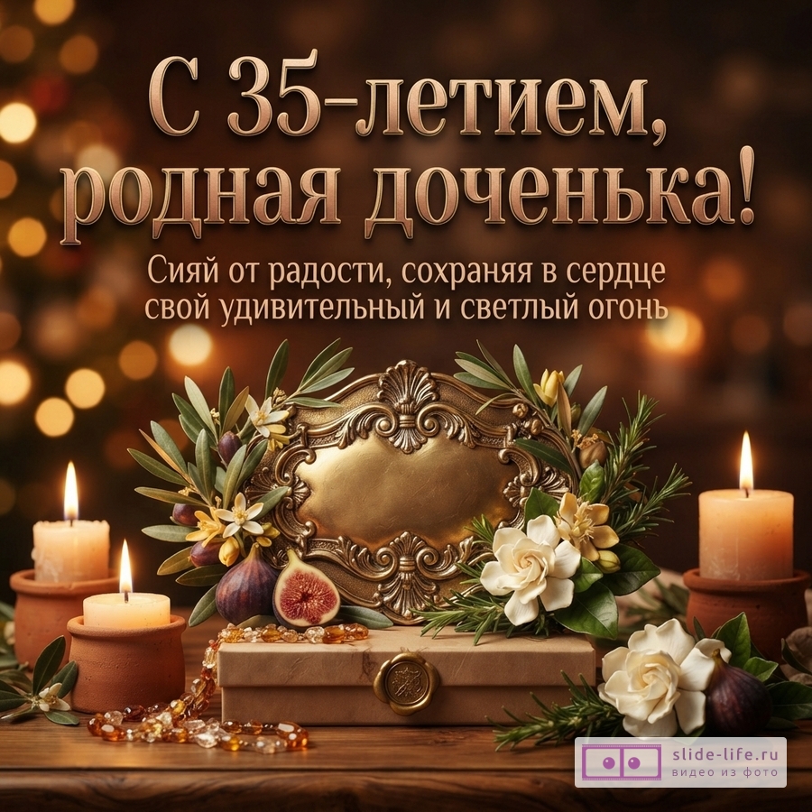 Горящие свечи, плоды инжира, белые цветы и золотая рамка на деревянном столе с надписью «С 35-летием, родная доченька! Сияй от радости, сохраняя в сердце свой удивительный и светлый огонь».