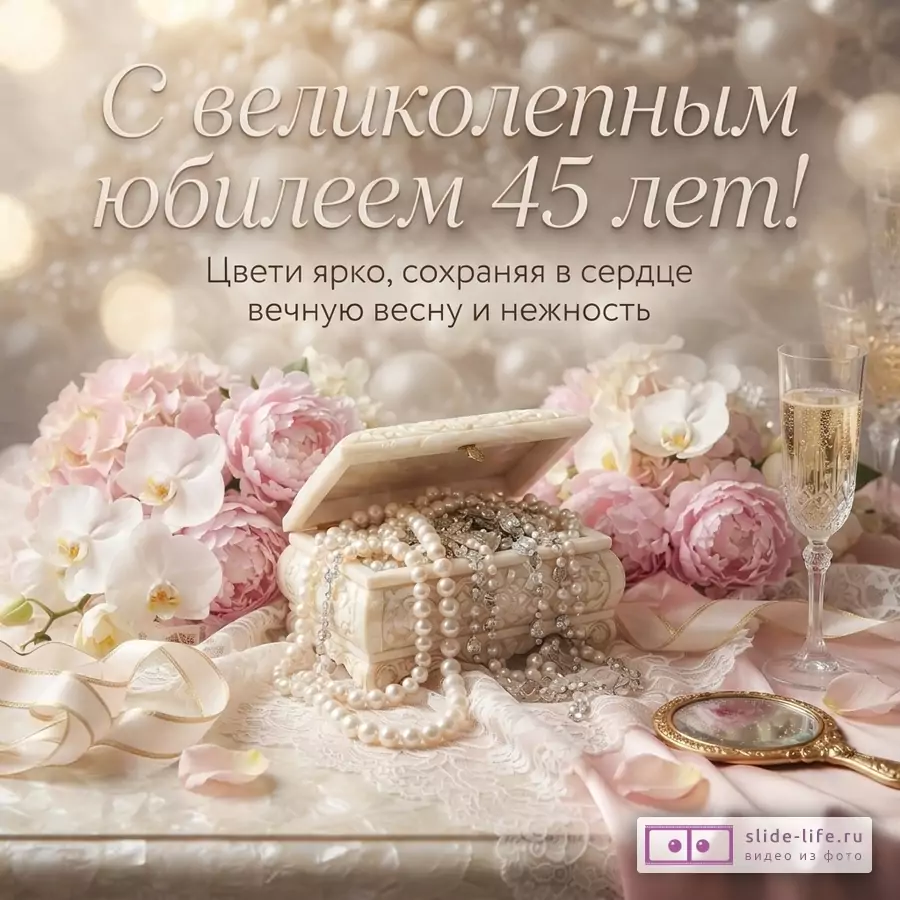 Фон бежевый с боке, на переднем плане шкатулка с жемчугом, цветы пионы и орхидеи, бокал шампанского, зеркальце. Текст: «С великолепным юбилеем 45 лет! Цвети ярко, сохраняя в сердце вечную весну и нежность»