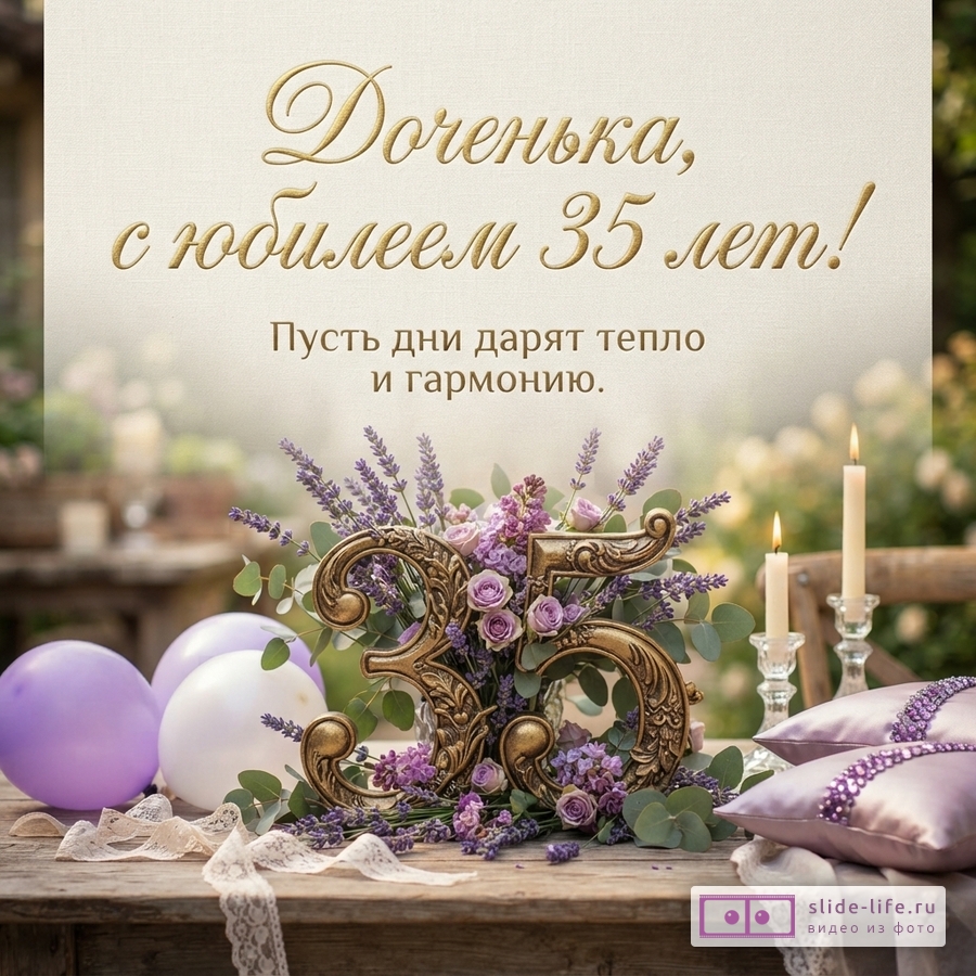 Объемная цифра 35 с цветами лаванды, сирени и свечами на деревянном столе с надписью «Доченька, с юбилеем 35 лет! Пусть дни дарят тепло и гармонию.».