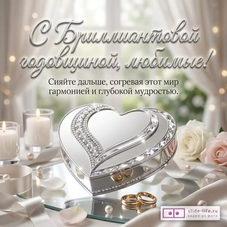 Серебристая открытка с шкатулкой в форме сердца, обручальными кольцами, свечами, белыми и розовыми розами на светлом фоне с шторами, текст «С Бриллиантовой годовщиной, любимые! Сияйте дальше, согревая этот мир гармонией и глубокой мудростью.»