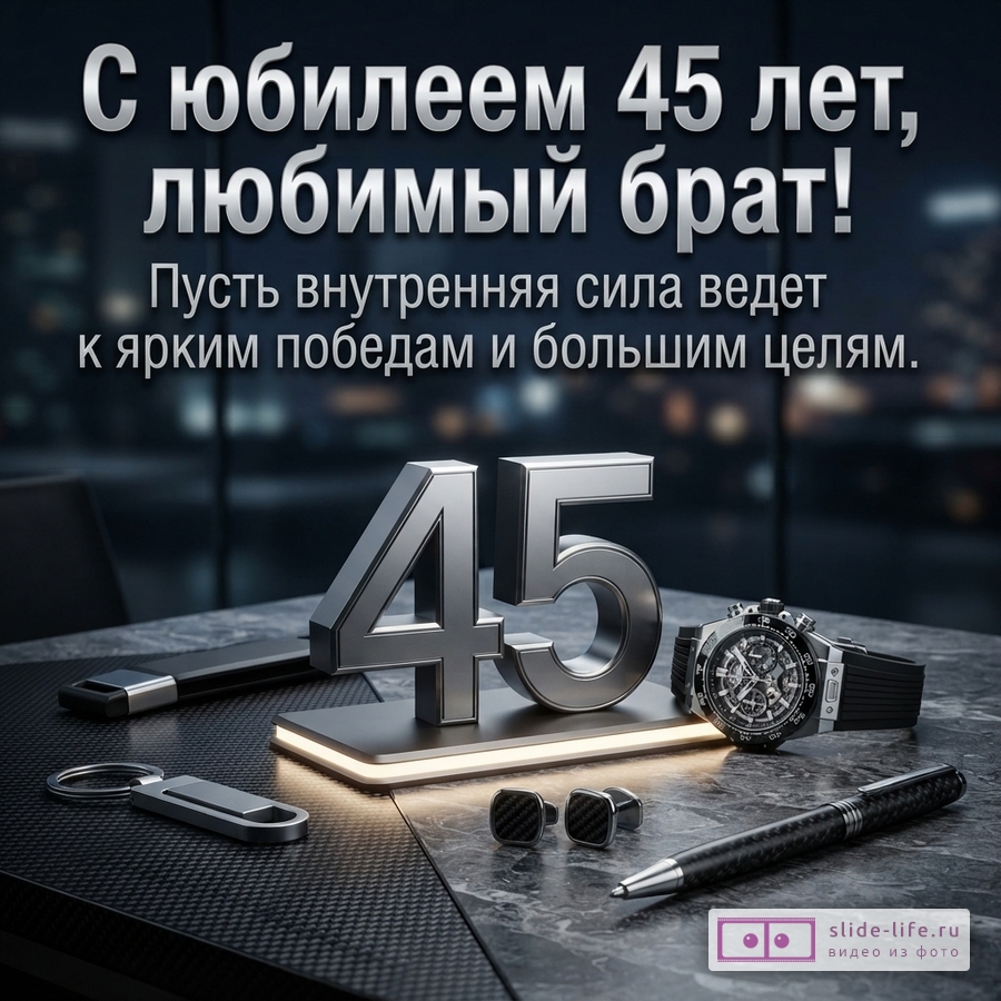 Темный фон, на переднем плане цифры «45», часы, ручка, запонки, брелок. Текст: «С юбилеем 45 лет, любимый брат! Пусть внутренняя сила ведет к ярким победам и большим целям.»