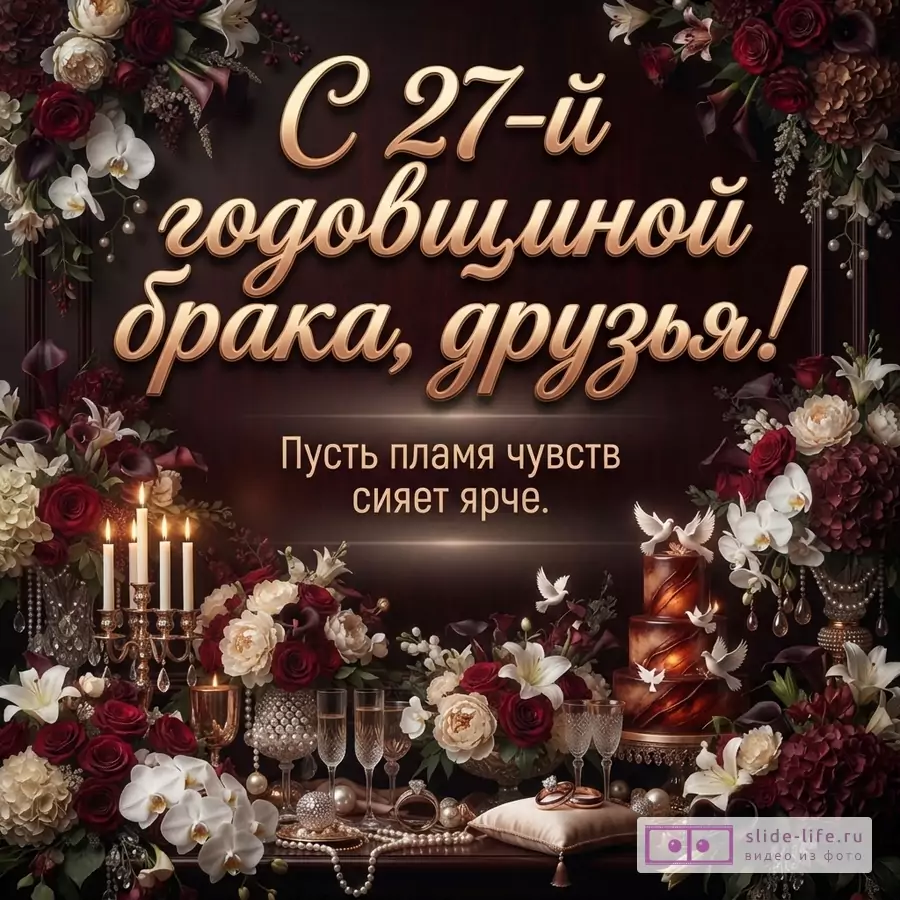 Темно-коричневый фон, золотой текст, красные и белые цветы, свечи, бокалы, торт. Текст: «С 27-й годовщиной брака, друзья! Пусть пламя чувств сияет ярче.»