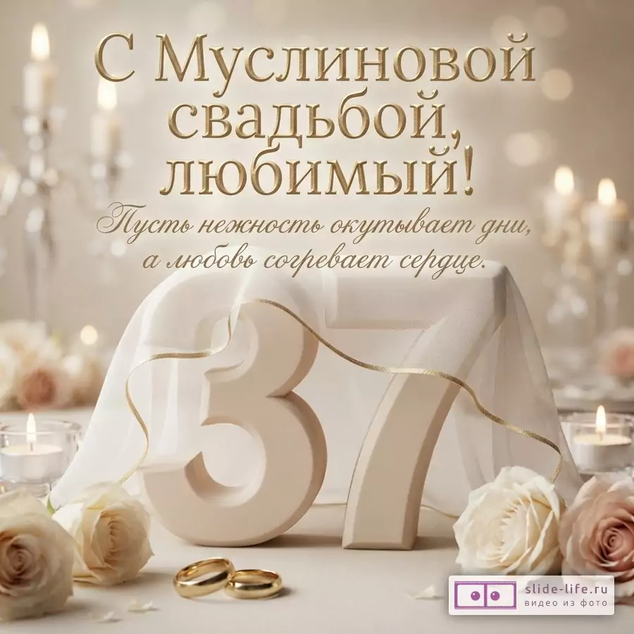 Бежевый фон, свечи, розы, обручальные кольца, цифры «37», полупрозрачная ткань. Текст: «С Муслиновой свадьбой, любимый! Пусть нежность окутывает дни, а любовь согревает сердце.»