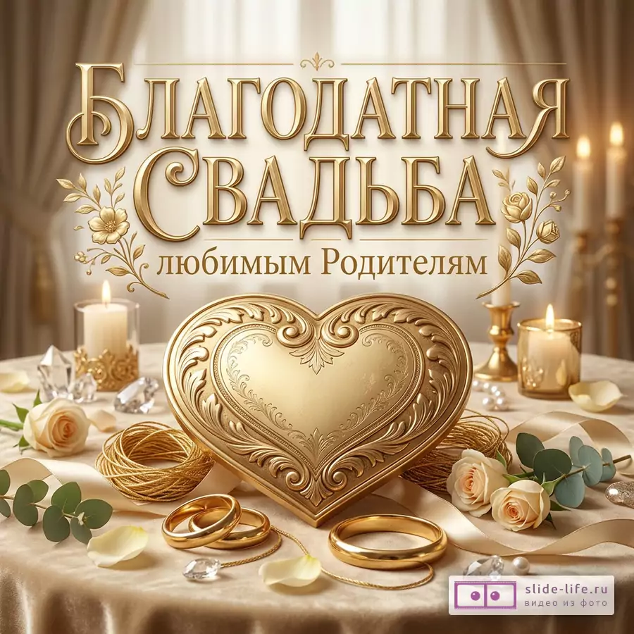 Золотистая открытка с декоративными ветвями, свечами, розами, кольцами и сердцем на столе, текст «СЧАСТЬЯ НАШИМ РОДИТЕЛЯМ! РОДИТЕЛЯМ! С БЛАГОДАТНОЙ СВАДЬБОЙ!»