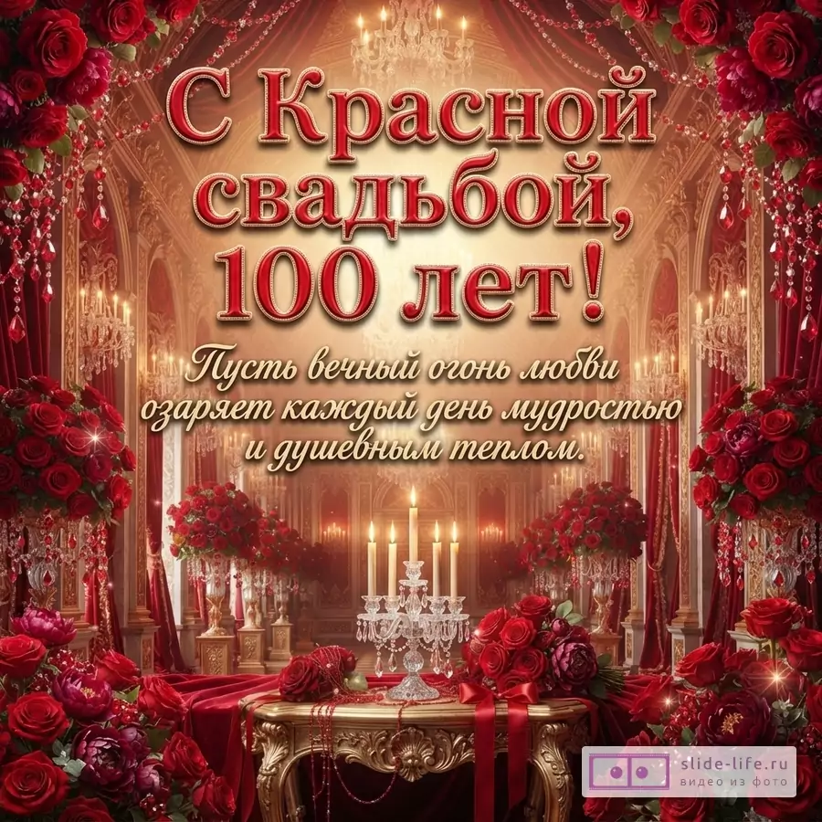 Красно-золотая открытка с розами, свечами, люстрами и праздничным залом, текст «С Красной свадьбой, 100 лет! Пусть вечный огонь любви озаряет каждый день мудростью и душевным теплом.»