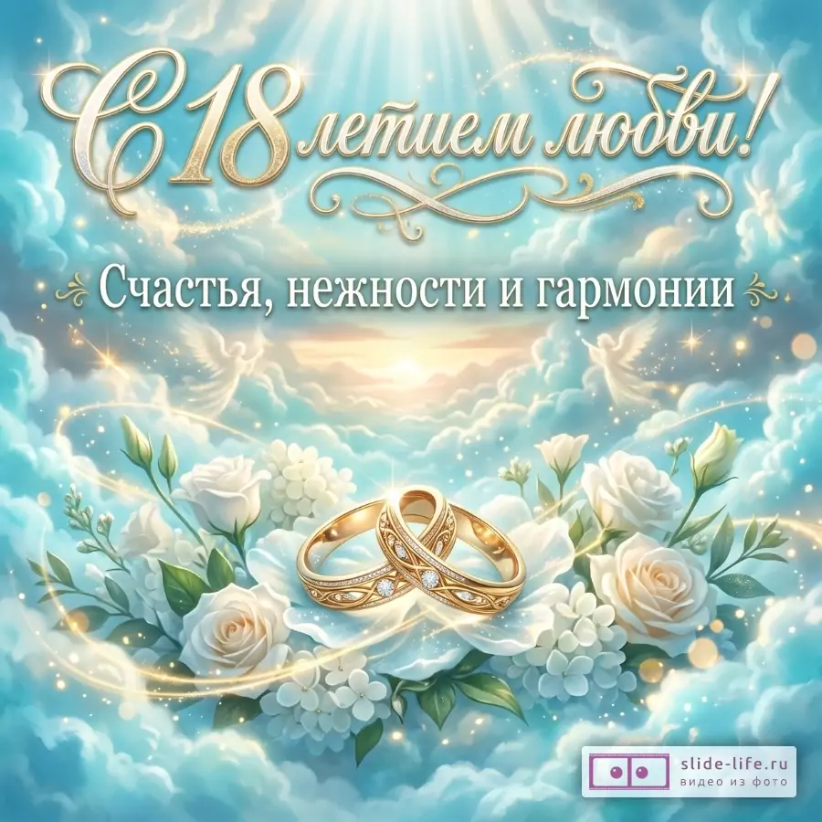Бирюзово-голубой фон с облаками, ангелами, белыми цветами и золотыми обручальными кольцами. Текст: «18 летием любви!» и «Счастья, нежности и гармонии»