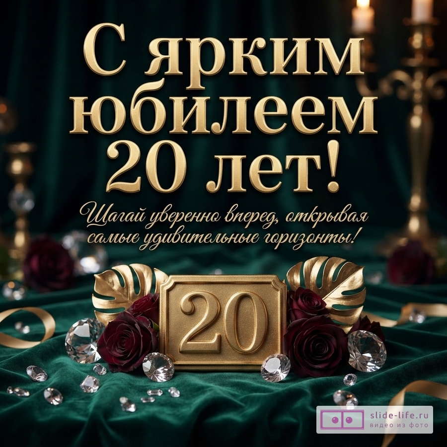 Темно-зеленый фон, золотые буквы, текст «С ярким юбилеем 20 лет! Шагай уверенно вперед, открывая самые удивительные горизонты!», золотая табличка с цифрой «20», красные розы, золотые листья, бриллианты.
