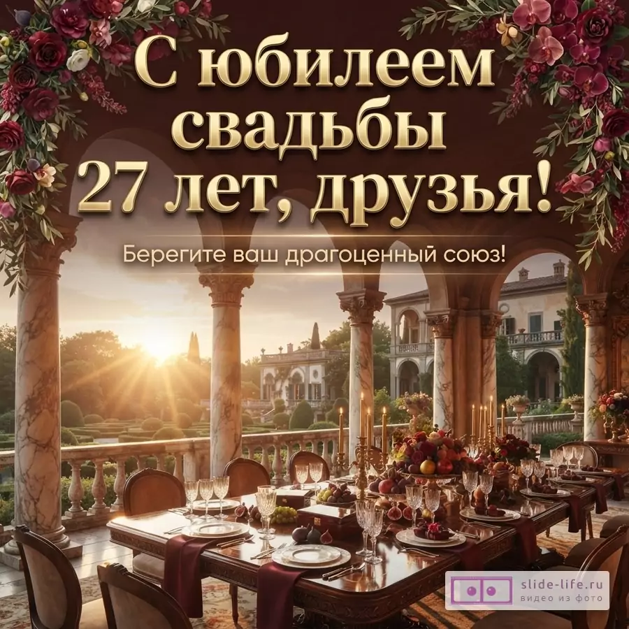 Коричневый фон, золотые буквы, красные цветы по углам. На переднем плане терраса с колоннами, накрытый стол. Текст: «С юбилеем свадьбы 27 лет, друзья! Берегите ваш драгоценный союз!»