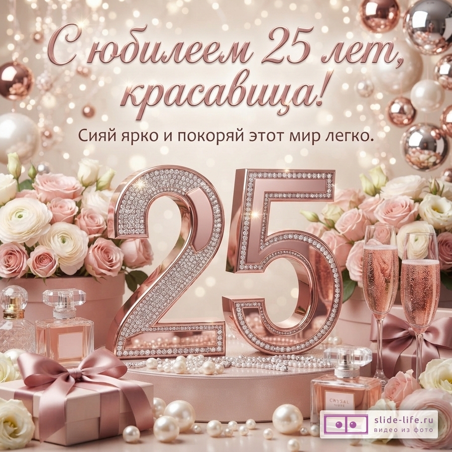 Объемная цифра 25 в стразах, розы, бокалы с шампанским, флаконы духов и надпись: «С юбилеем 25 лет, красавица! Сияй ярко и покоряй этот мир легко.»