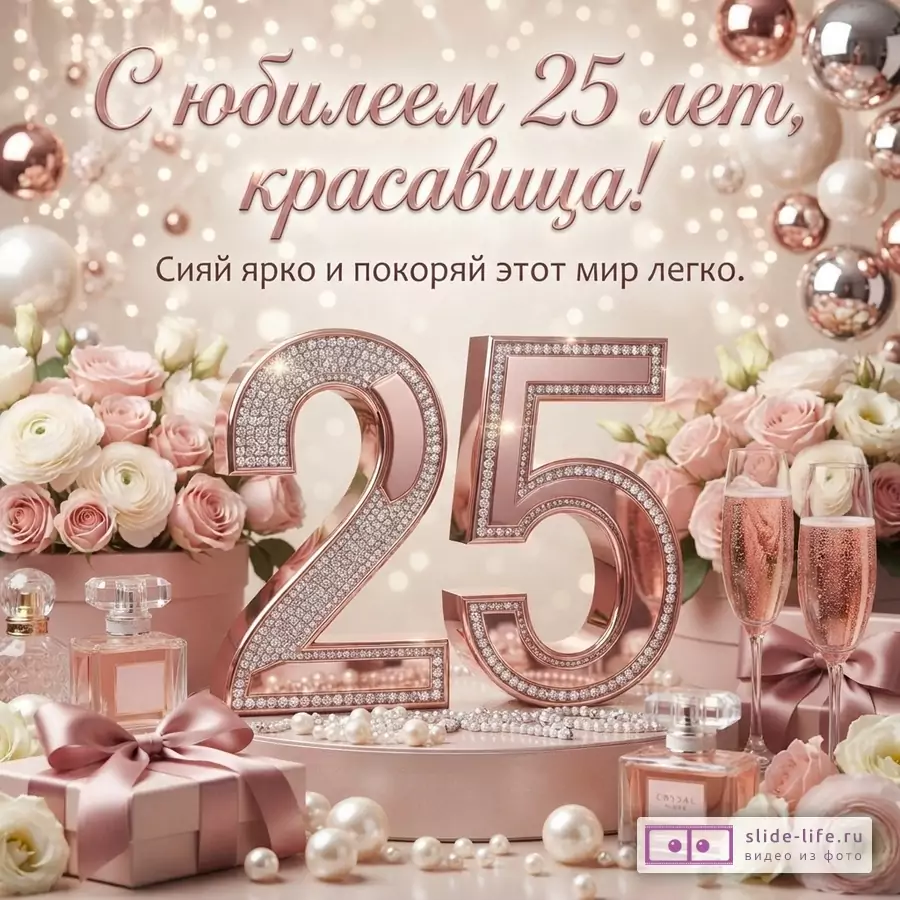 Объемная цифра 25 в стразах, розы, бокалы с шампанским, флаконы духов и надпись: «С юбилеем 25 лет, красавица! Сияй ярко и покоряй этот мир легко.»