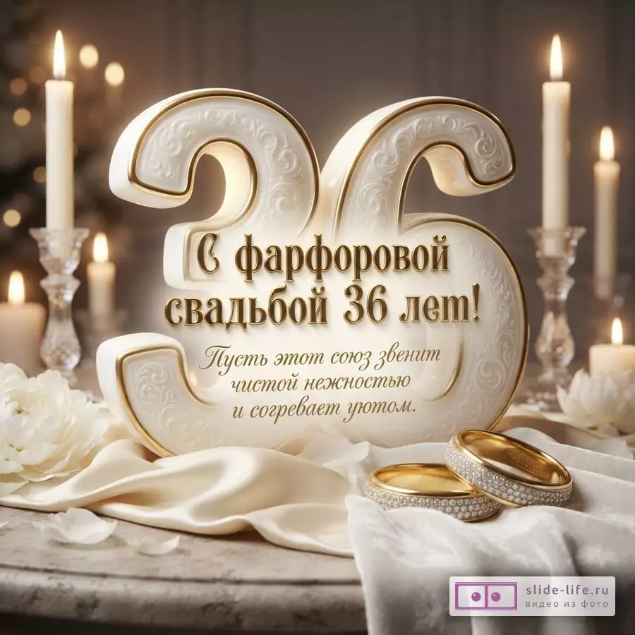 Фон бежевый, свечи, белые цифры «36» с золотой окантовкой, белая ткань, обручальные кольца. Текст: «С фарфоровой свадьбой 36 лет! Пусть этот союз звенит чистой нежностью и согревает уютом.»